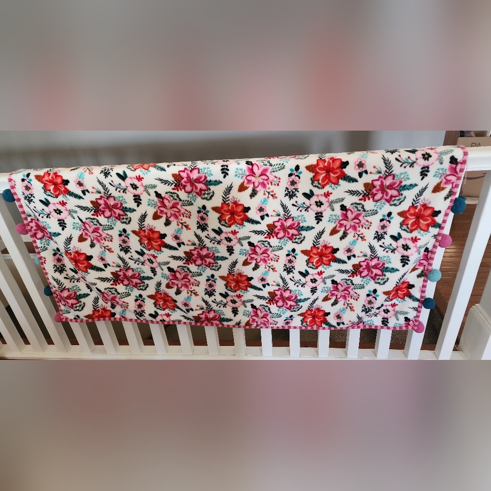 Matilda Jane Wonderment All Snuggled Up Blanket Pink Floral Pom Pom
